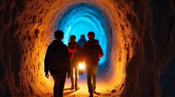 Grupa młodzieży z lampionami w kopalnianym korytarzu