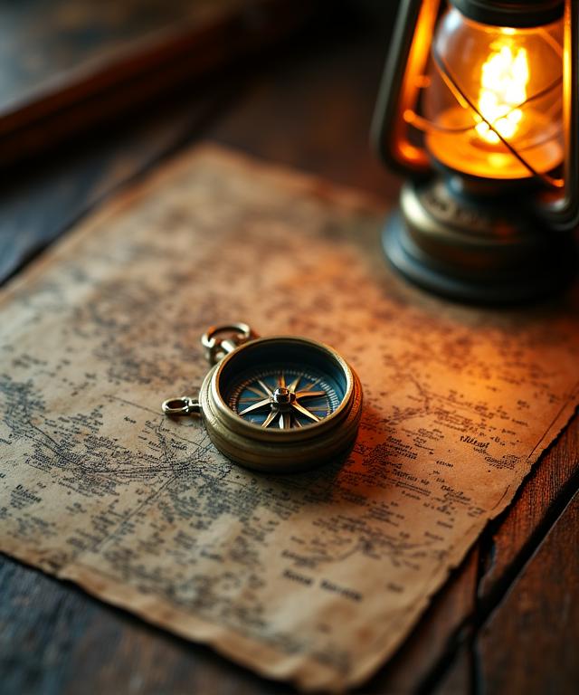 Stary kompas i mapy w świetle lampy naftowej